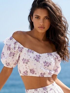IDEM DITTO CROP TOP White Eyelet Shirt With Purple Floral Print Womens SZ Small